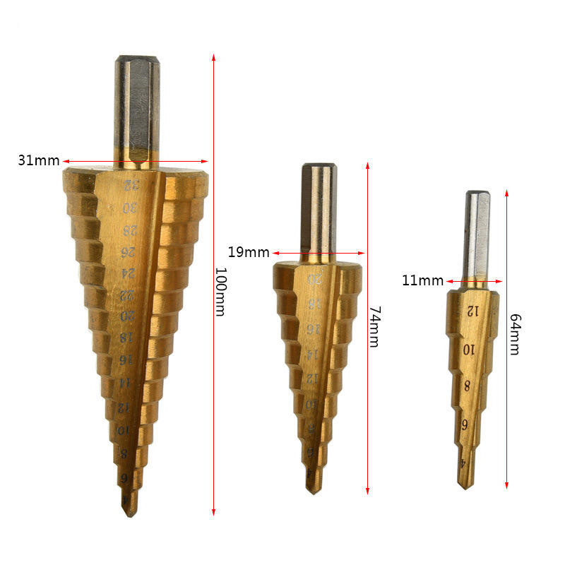 HSS Large Step Cone Drill Titanium Coated Metal Cutting Tool Set 4-12 / 20 / 32mm Hole Cutter